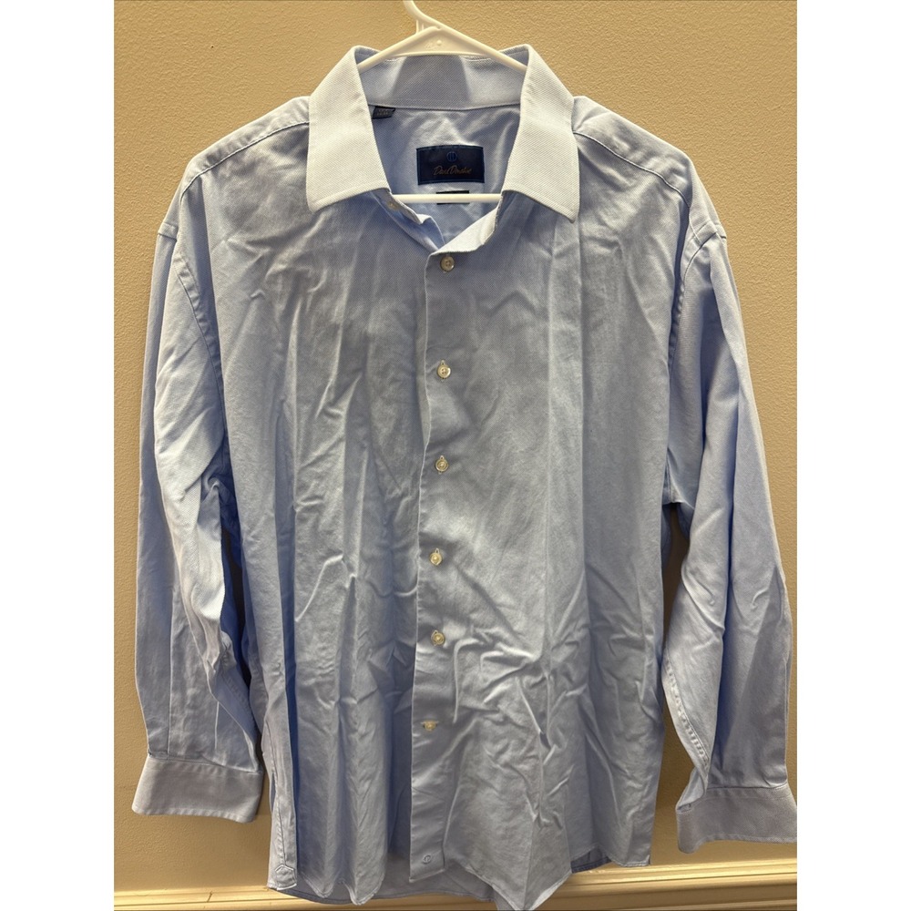 David Donahue Mens Dress Shirt Blue White 100% Cotton 17.5 34/35 Regular Fit